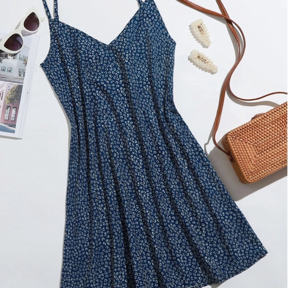 Shein Navy‎ Blue Ditsy Floral Print Cami Dress - Size Small